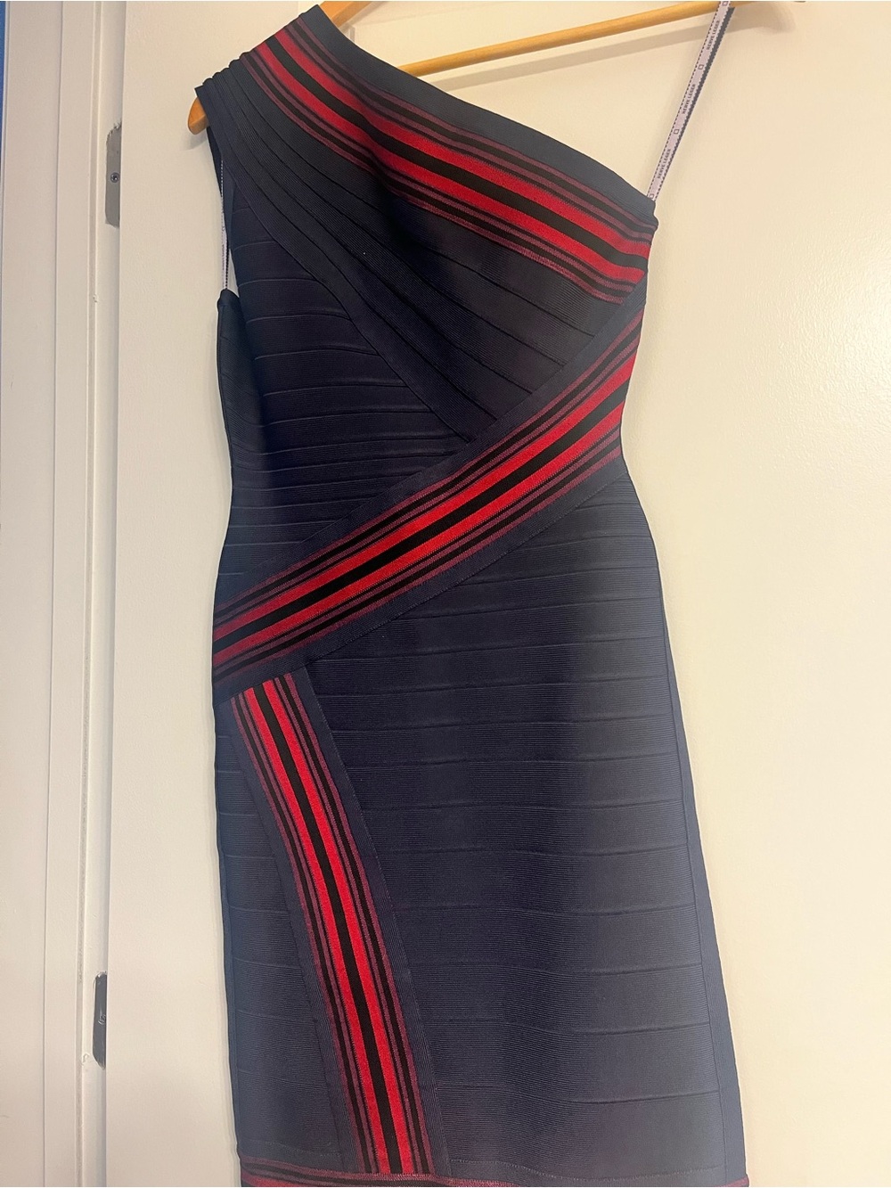 Herve Leger One-Shoulder Black Dress with Red Stripe Accents